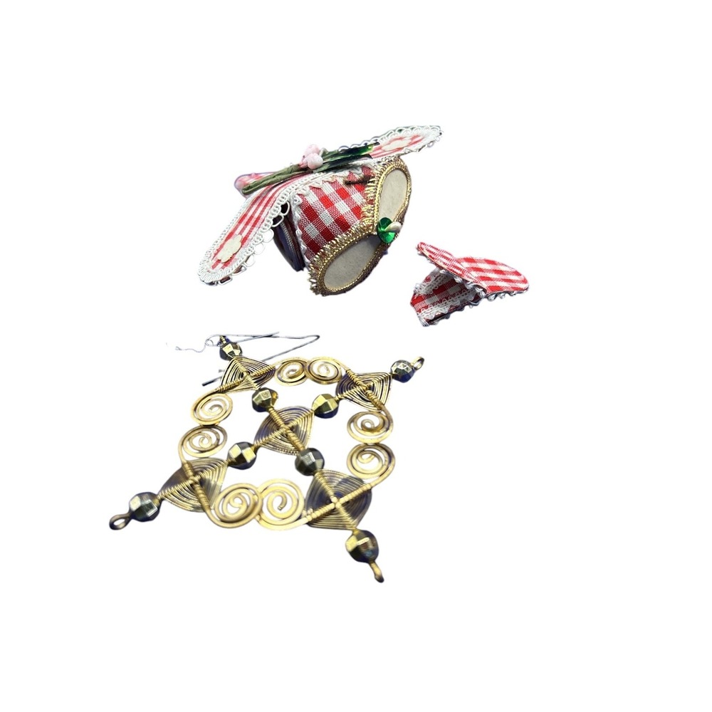 Vintage Inarco Christmas Ornaments Japan Lot Gold Santa Rocking Horse 1988 Plaid - Picture 8 of 13